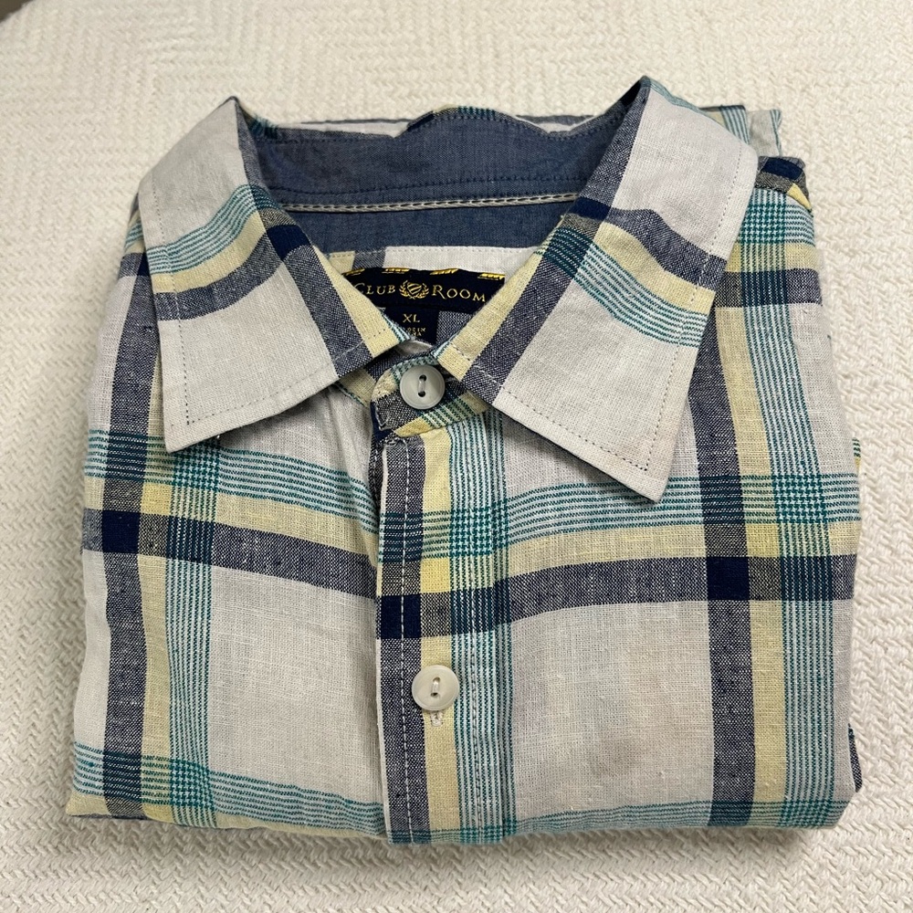 Hunt Club Mens Shirt Size XL Creme Plaid Button S/Sleeve Linen Cotton FLAW?